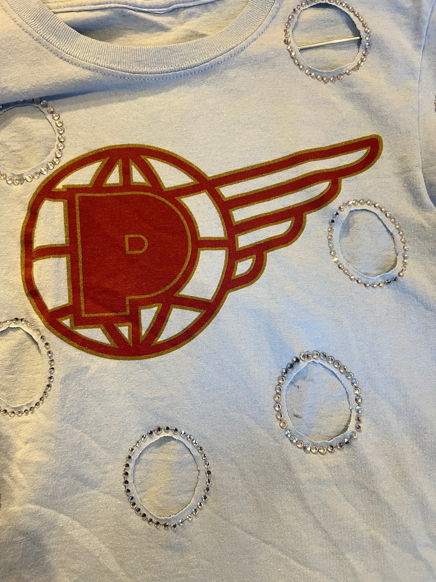 bedazzled light blue babytee with cutouts